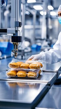 Automated packaging process in modern bakery factory: hightech assembly of freshly baked goods