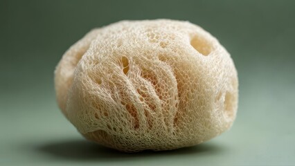 Close-up of a pale, off-white natural sea sponge, exhibiting a porous, textured surface with visible holes and intricate internal structure, set against a muted green background