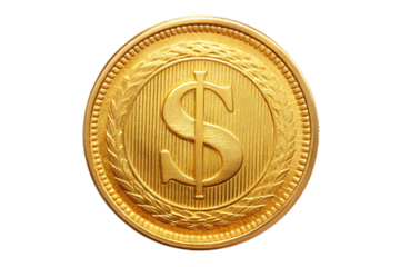 Golden dollar coin with dollar sign centered emblematic of wealth and finance isolated on transparent background