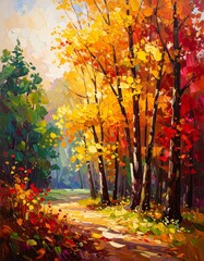 Autumn forest path, vibrant colors