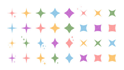 Festive pastel chalk star set with glowing outline and twinkle shine symbol. Sparkle graphic star in scribble style, firework ornament for holiday and celebration decoration, creative concept