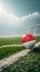A soccer ball with the flag of indonesia sits on the field in a stadium on game day
