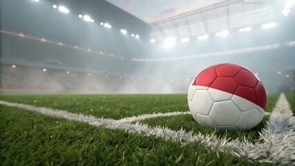 Soccer ball with the flag of indonesia on the field of a stadium with green grass
