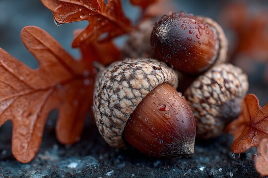 Acorns and oak leaves on natural surface