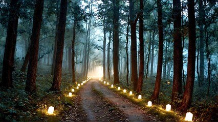 Obraz premium Enchanting forest path illuminated by glowing lanterns creates magical woodland atmosphere for fairytale projects
