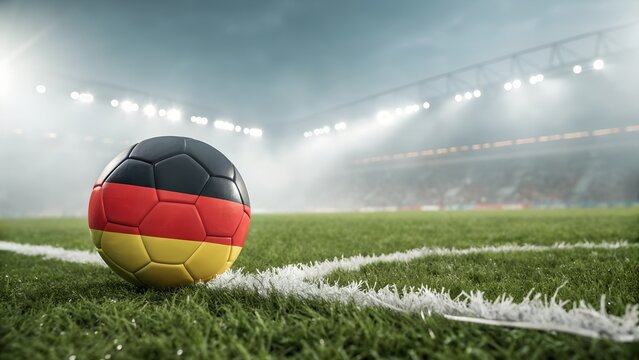 Soccer ball with the flag of germany on the field of a stadium during a soccer match