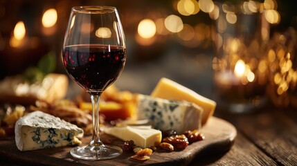 Fototapeta premium Fine Dining with Red Wine, Cheese Platter, and Warm Candlelight on Rustic Wooden Table, Perfect for Romantic Evening, Wine Tasting, and Elegant Dining Experience