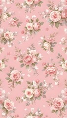 Obraz premium Repeating floral pattern with tiny rose bouquets on soft pink background, decorated with delicate white bows. Watercolor hand-painted style, vintage wallpaper design, feminine and romantic.