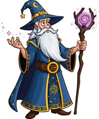 Cartoon wizard with magic staff and glowing orb, fantasy character illustration, mystical spellcasting concept, magical adventure and sorcery theme, enchanted costume design, vector art