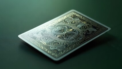 Fototapeta premium Close-up of an intricately designed playing card back, featuring gold and dark accents on a deep green surface, illuminated by a soft light source, angled slightly to reveal depth and texture