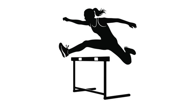 Athletic woman silhouette leaping over a hurdle during a race, showcasing speed and determination.