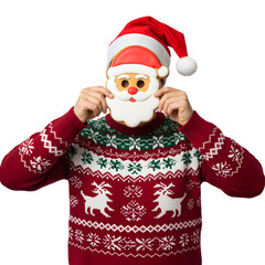 Person in Christmas Sweater Holding Santa Claus Cookie Mask
