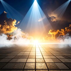 Empty paved path, spotlights, sunrise