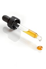 Closeup of a dropper with cbd oil, isolated on white background, ready to deliver its dose