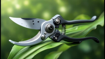 Close-up of silver and black bypass pruning shears resting on a large green leaf against a blurred green background.  The shears appear sharp and well-maintained, ready for gardening use