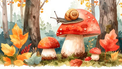 Autumn forest scene with mushrooms and snail