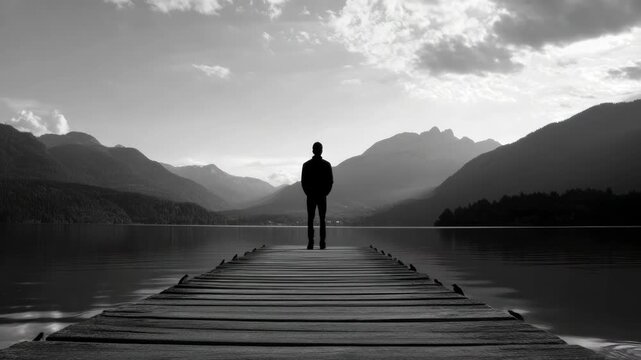 Person standing on a dock with mountains in the background, reflecting in calm water.
