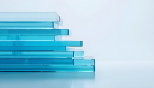 Stacked glass panels in translucent blue, modern futuristic abstraction, layered geometry, reflective surfaces, minimal white background, sleek clean design, high-tech style.