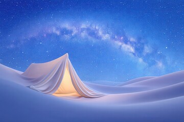 Enchanting illuminated tent nestled amidst the tranquil snow dunes beneath a mesmerizing night sky filled with stars highlighting the vast universe's boundless beauty and serenity
