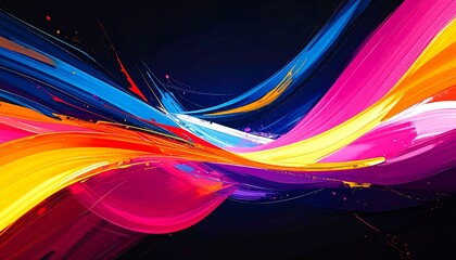 Abstract artwork features vibrant streaks of paint across a dark backdrop, creating dynamic movement and colorful energy