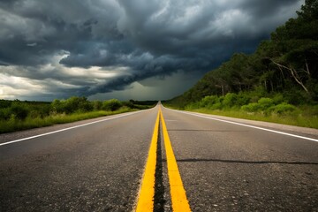 A long, straight highway stretches into the distance under dramatic storm clouds and a dark sky