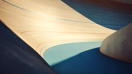 Close-up of a curved wooden surface with blue and beige tones, featuring smooth textures and shadows.
