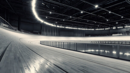 Interior view of an empty indoor speed skating rink with curved ice track and illuminated ceiling lights