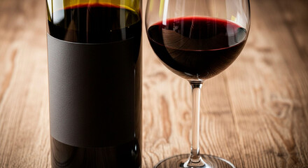  A Bottle and Glass of Red Wine on a Rustic Wooden Table