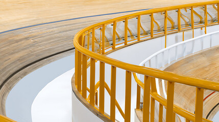 Curved wooden floor with yellow metal railing in a modern interior space