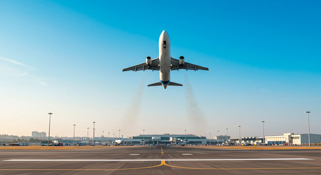 Airplane taking off from an airport runway, with a blue sky and urban landscape in the background