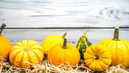 Autumn gourds on straw against wood