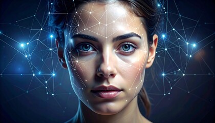 A woman's face with a glowing network overlaid, depicting biometric scanning or artificial intelligence connections