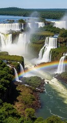 Fototapeta premium Spectacular view of Iguazu Falls with a vibrant rainbow arching across the water.