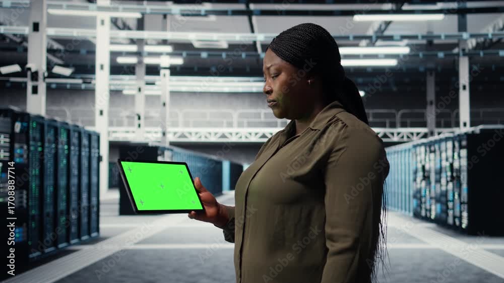 Wall mural it professional in data center using green screen tablet to ensure error free supercomputers network