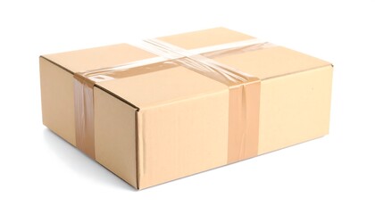 Beige cardboard shipping box taped shut
