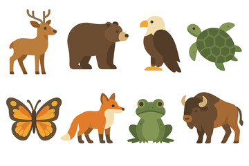 Obraz premium Wildlife flat icon set. featuring deer, bear, eagle, turtle, butterfly, fox, frog, and bison symbols