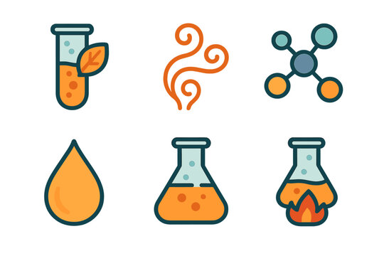 Science and chemistry flat icon set. featuring test tube, molecule, flame, drop, flask, and steam icons