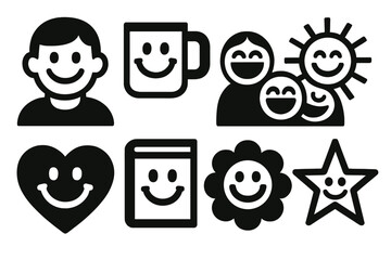 Smiley faces silhouette icon set. featuring man, mug, family, heart, book, flower, and star symbols