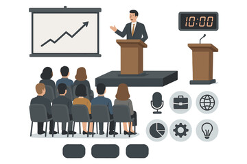 Business presentation flat icon set. featuring speaker, podium, audience, chart, clock, and briefcase symbols