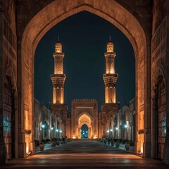 Mosque archway nighttime view