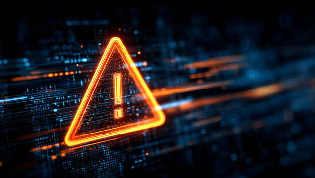 a digital orange triangle with an exclamation mark inside, set against the backdrop of blue computer code and data streams Generative AI