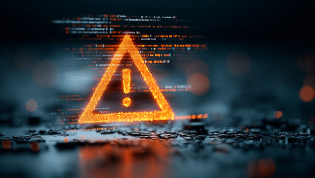 a digital orange triangle with an exclamation mark inside, floating over the screen of computer code and data, symbolizing the danger associated with cyber attacks from multiple angles Generative AI