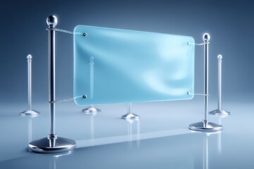Contemporary transparent display board elevated on polished metallic stands, symbolizing modern communication platforms and visual identity management in a visually engaging environment
