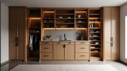 A sophisticated, light-filled kitchen and pantry, showcasing warm wood tones and organized storage solutions.