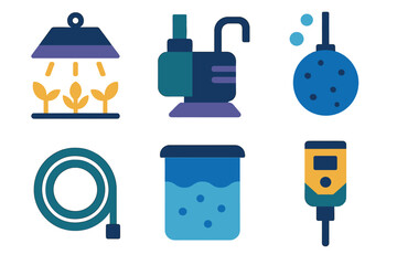 Gardening silhouette icon set. featuring grow light, water pump, drip irrigation, mist spray, feeder, and hydroponic tank