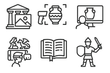 History and archaeology linear icon set. featuring museum, artifact, virtual reality, book, and warrior symbols