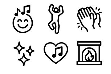 Celebration linear icon set. featuring smile, dance, applause, sparkle, music heart, and fireplace symbols