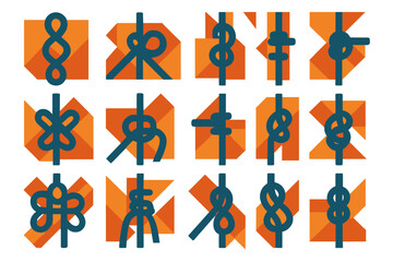 Decorative knot silhouette icon set. featuring bowline, reef, slip, clove, and figure-eight knots