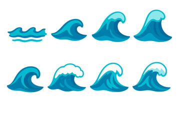 Ocean waves flat icons set. featuring ripple, crest, breaking, swell, surf, whitecap, splash, tide symbols