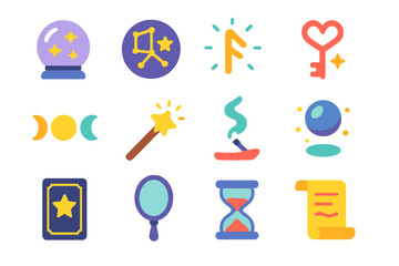 Mystical elements flat icon set. featuring crystal ball, constellation, rune, key, moon, wand, incense, magic, tarot, mirror, hourglass, scroll